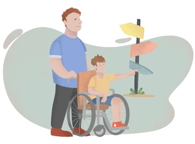 Un papa pousse le fautueil roulant de son garçon en situation de handicap moteur. Ils s'interrogent sur les choix à faire.